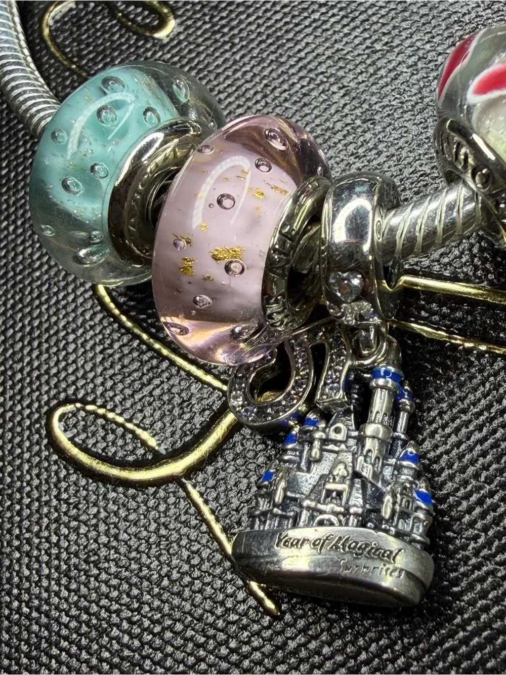 Pandora Silver Charm Bracelet with Pastel Glass and Castle Dangle
